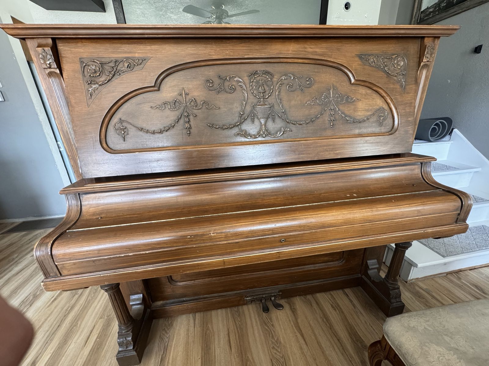 Vintage Bush & Gerts Upright Piano with Carved Wood Details and Bench