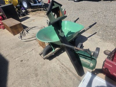 Yard items Hose and roller Wheel Barrow Fertilizer spreader flower baskets