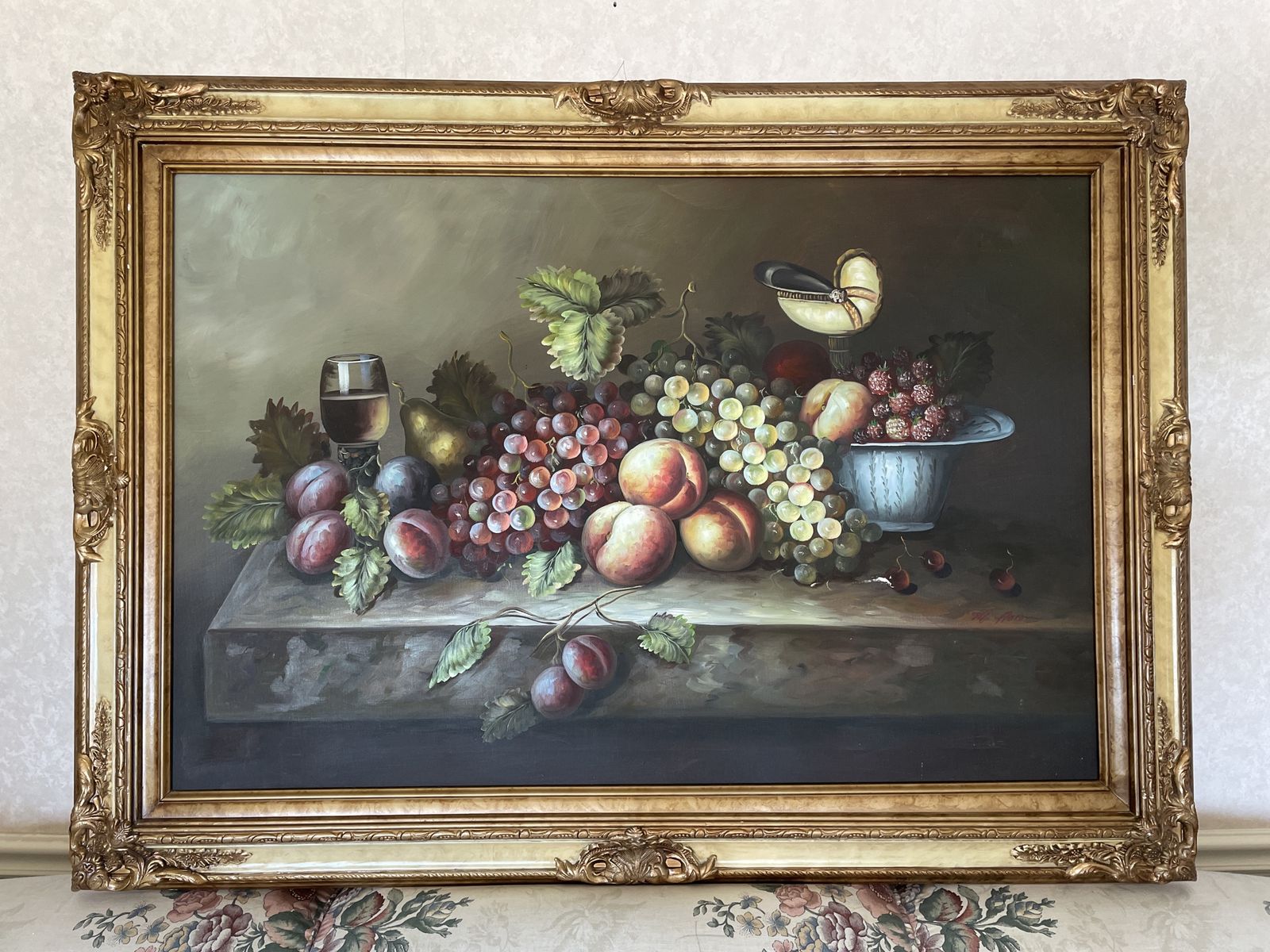 Framed Still Life Oil Painting of Fruit & Wine in Ornate Gold Frame