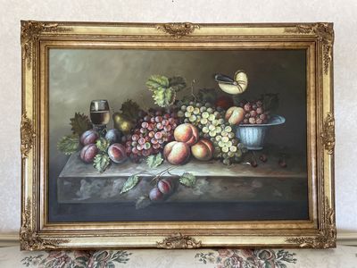 Framed Still Life Oil Painting of Fruit & Wine in Ornate Gold Frame