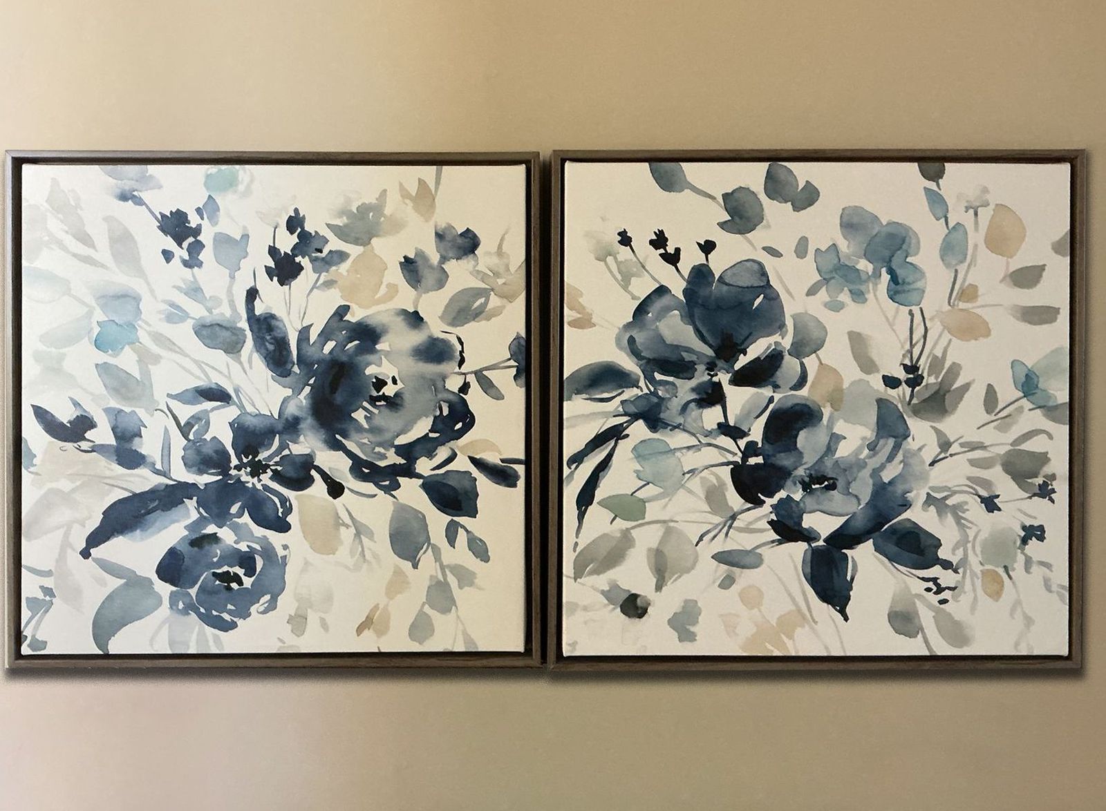 Set of 2 Floral Canvas Wall Art – Blue Tones, 16x16, Shadow Box Frame