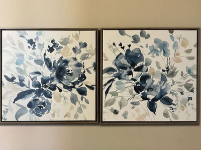 Set of 2 Floral Canvas Wall Art – Blue Tones, 16x16, Shadow Box Frame
