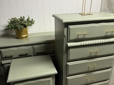 Olive Green Oak Dresser Set