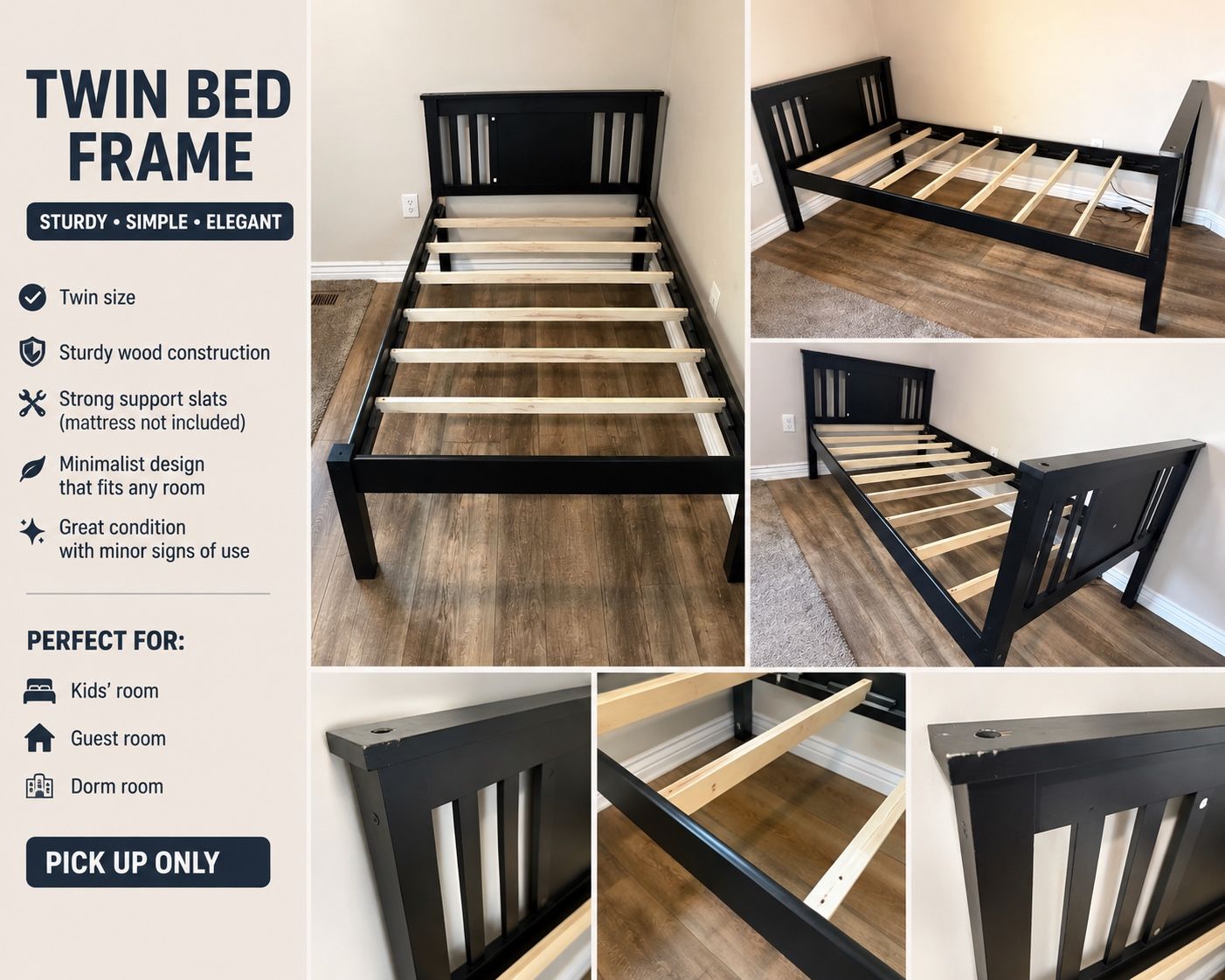 Black Wooden Twin Bed Frame with Slats & Mission-Style Headboard