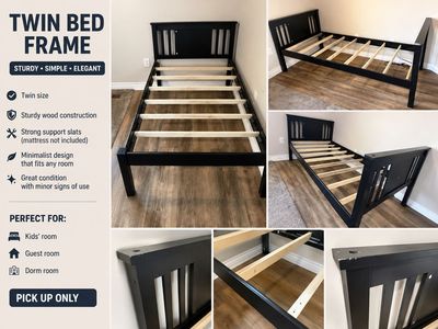 Black Wooden Twin Bed Frame with Slats & Mission-Style Headboard