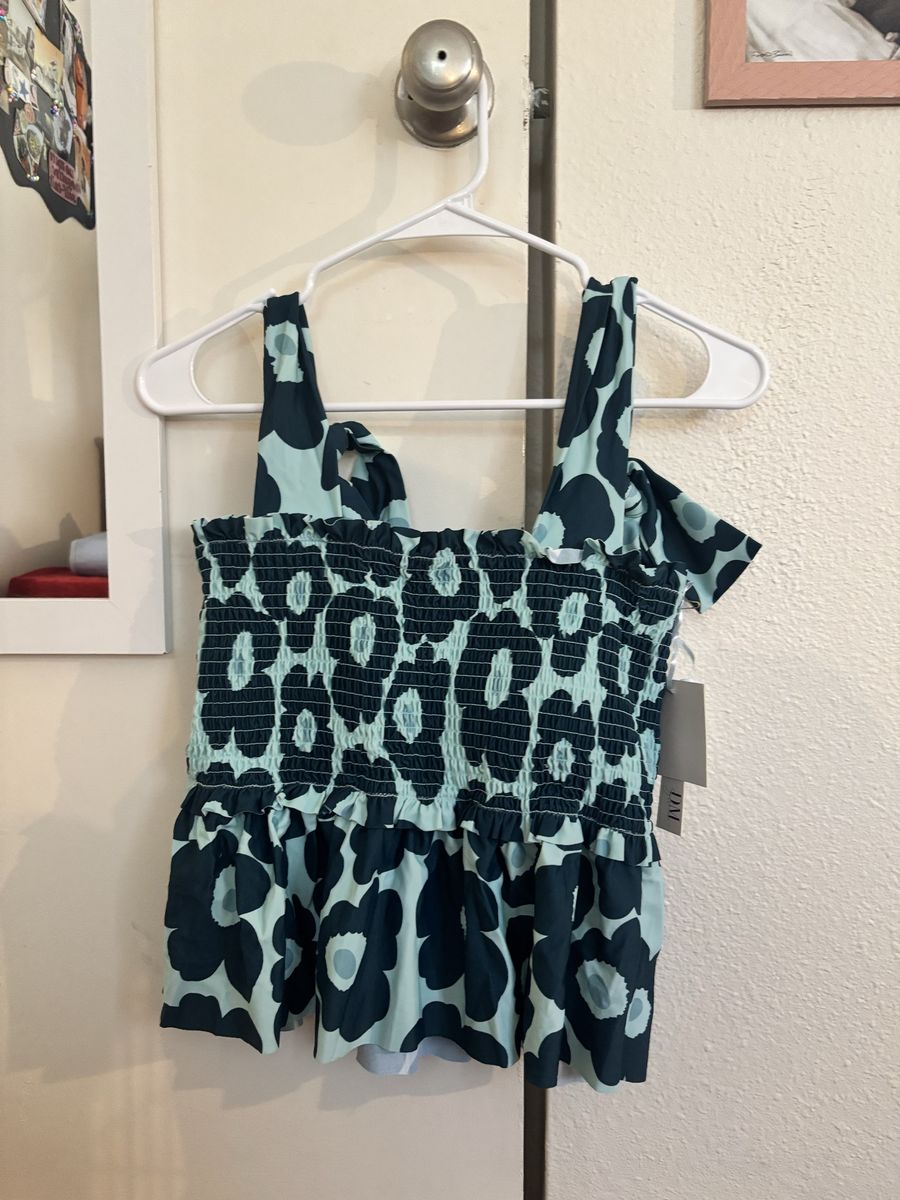 Back Tie Smocked Peplum Top - Groovy Daisy - Teal - Size L