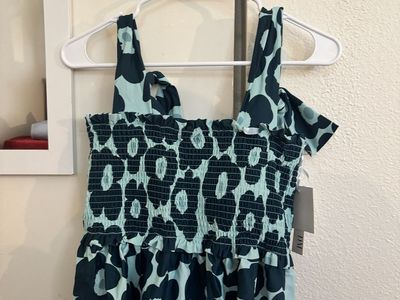Back Tie Smocked Peplum Top - Groovy Daisy - Teal - Size L
