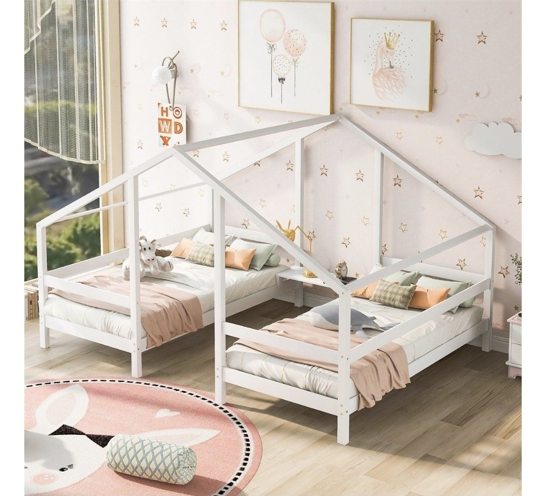 White House Shaped Kids Twin Over Twin Floor Bed Frame for Two Kids, Two Beds
