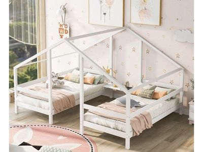 White House Shaped Kids Twin Over Twin Floor Bed Frame for Two Kids, Two Beds