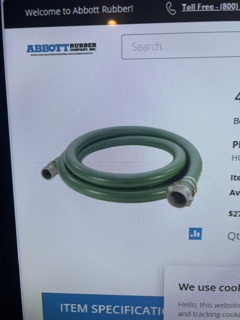 4" water suction hose 20ft long by ABBOTT w/Camlock fittings