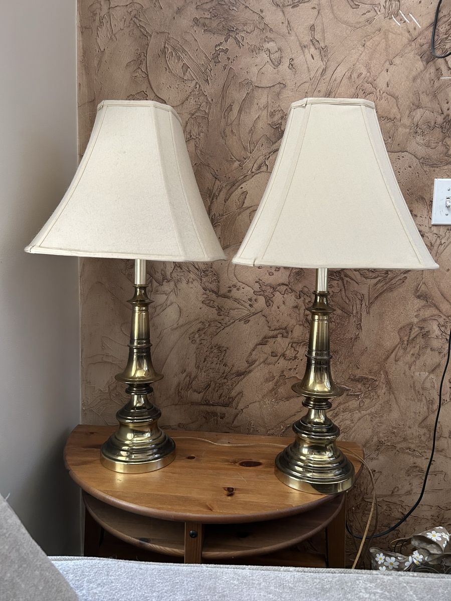 Pair of Vintage Brass Table Lamps with Cream Shades