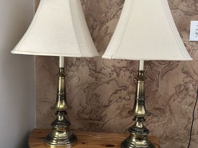 Pair of Vintage Brass Table Lamps with Cream Shades
