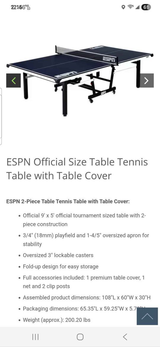 ESPN Official Size 2-Piece Table Tennis Table with Cover