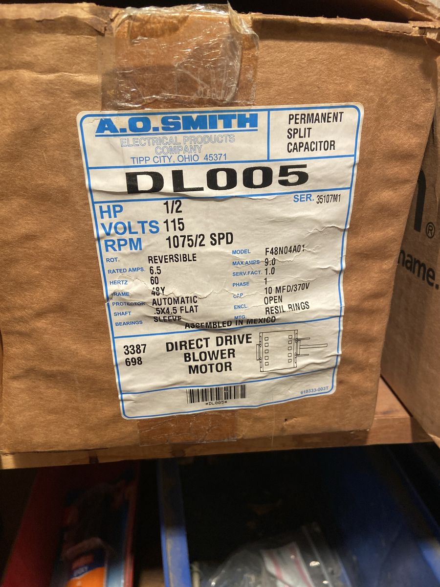 A.O. Smith DL005 1/2 HP 115V 1075/2 SPD Direct Drive Blower Motor Permanent Split Capacitor