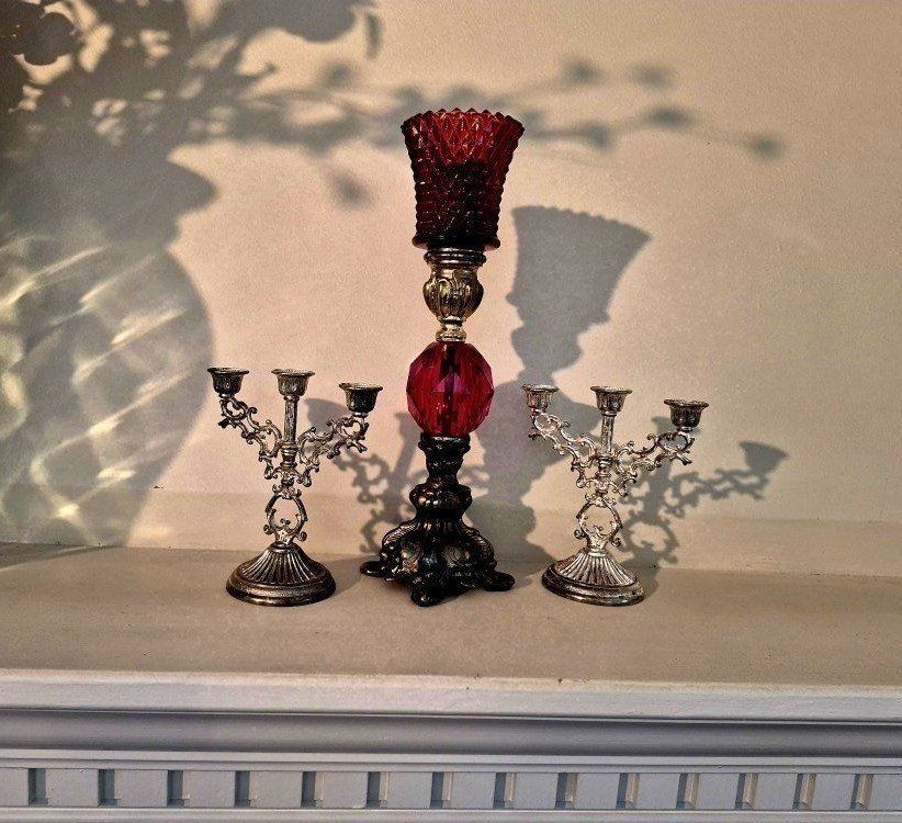 Candelabras & Ruby Red Glass Candle Holder