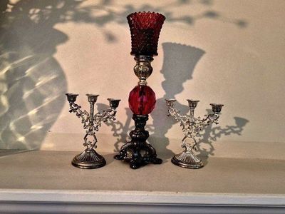 Candelabras & Ruby Red Glass Candle Holder