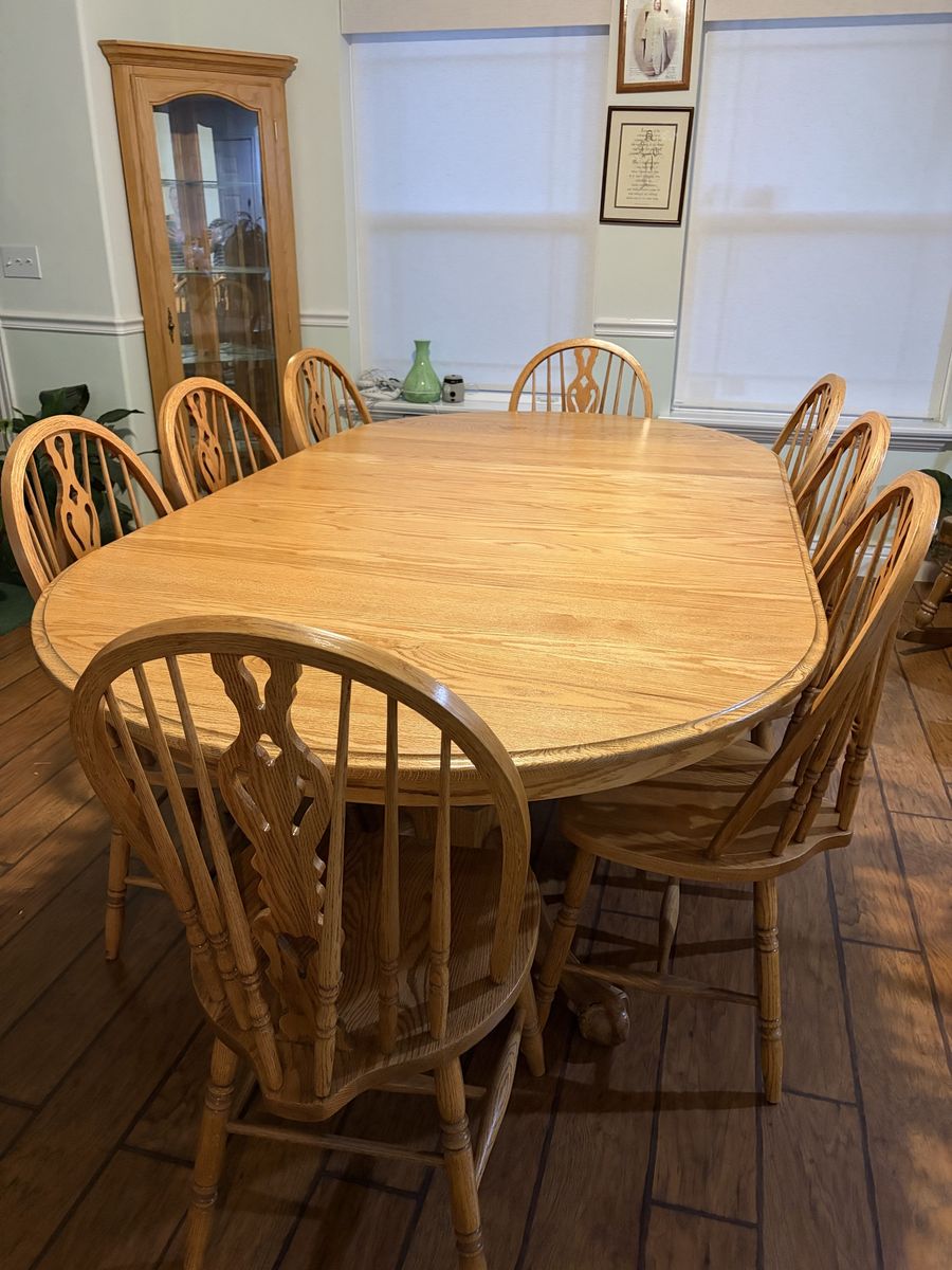 Solid Oak Dining Table with Matching Spindle Back Chairs