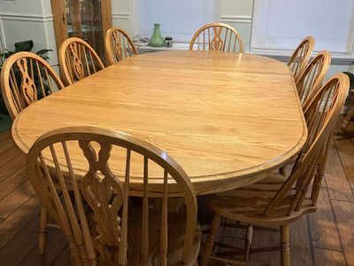Solid Oak Dining Table with Matching Spindle Back Chairs