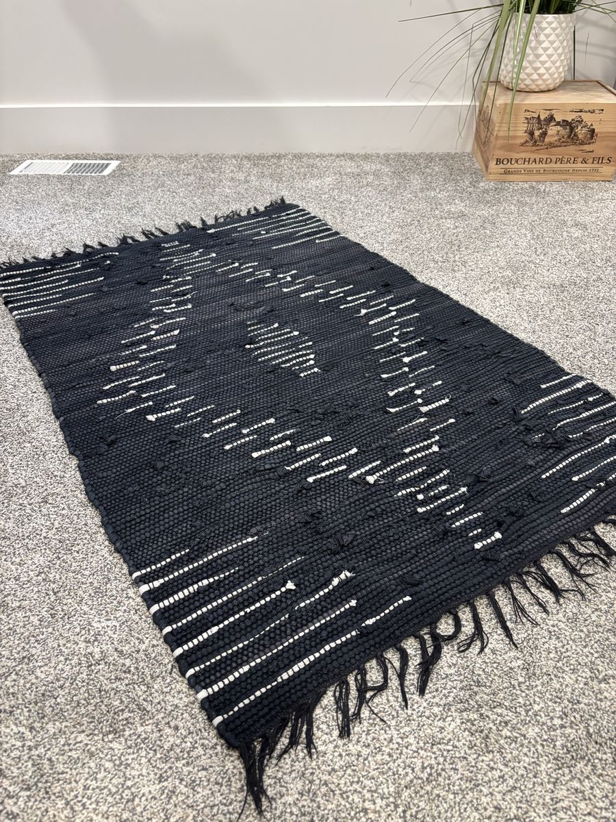 Modern Black and White Woven Rag Rug with Tassels