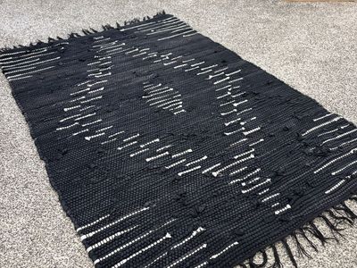 Modern Black and White Woven Rag Rug with Tassels