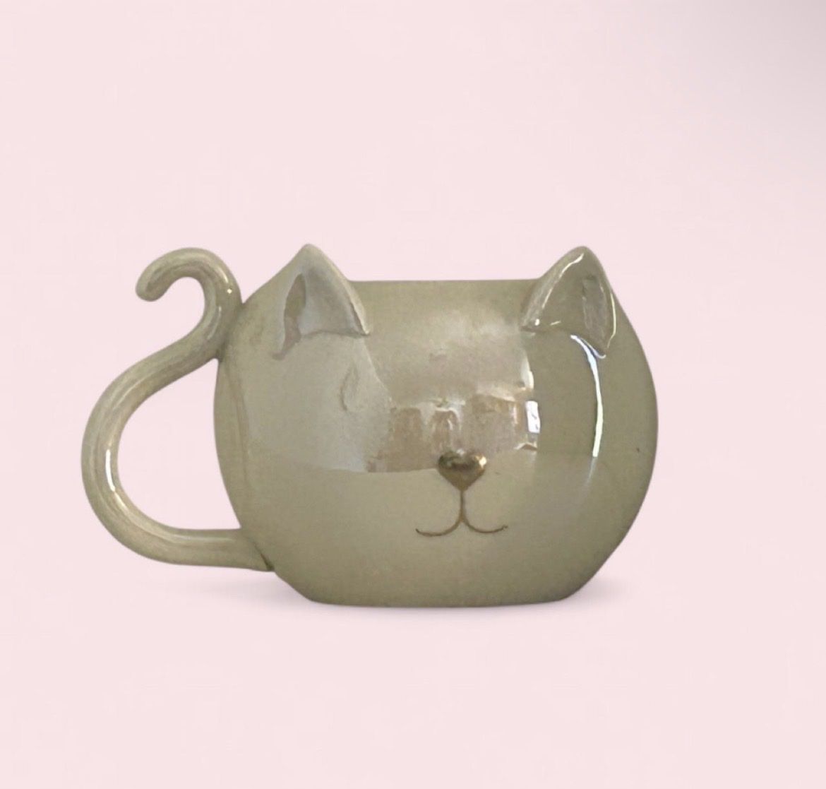Cute White Cat-Shaped Mug with Gold Nose & Whiskers Reading ‘Catfeinated’
