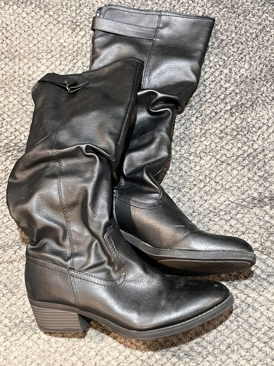Time and Tru Women's Black Knee-High Riding Boots, Size 8, Faux Leather, Low Heel