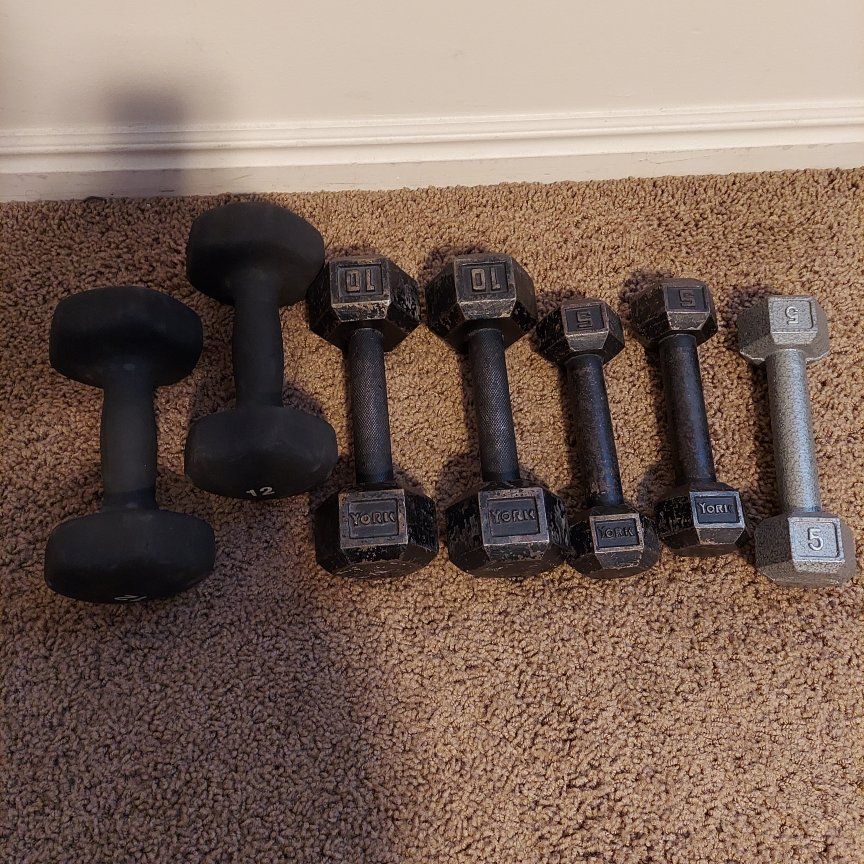 Dumbbell Weight Set - York 10lb & 5lb Pairs, 12lb Rubber Hex Pair, Single 5lb