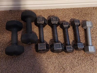 Dumbbell Weight Set - York 10lb & 5lb Pairs, 12lb Rubber Hex Pair, Single 5lb
