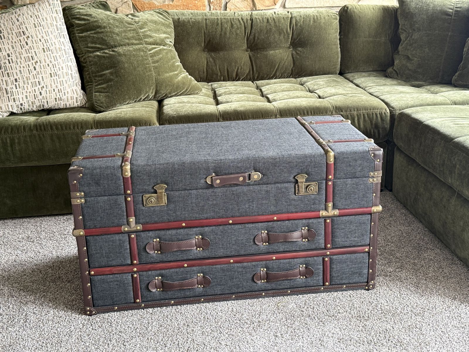 Vintage Style Trunk Coffee Table with 2 Drawers, Grey Fabric and Brown Faux Leather Trim