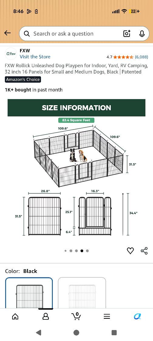 FXW Rollick Unleashed 32" 16-Panel Dog Playpen for Small/Medium Dogs - Indoor/Outdoor Black