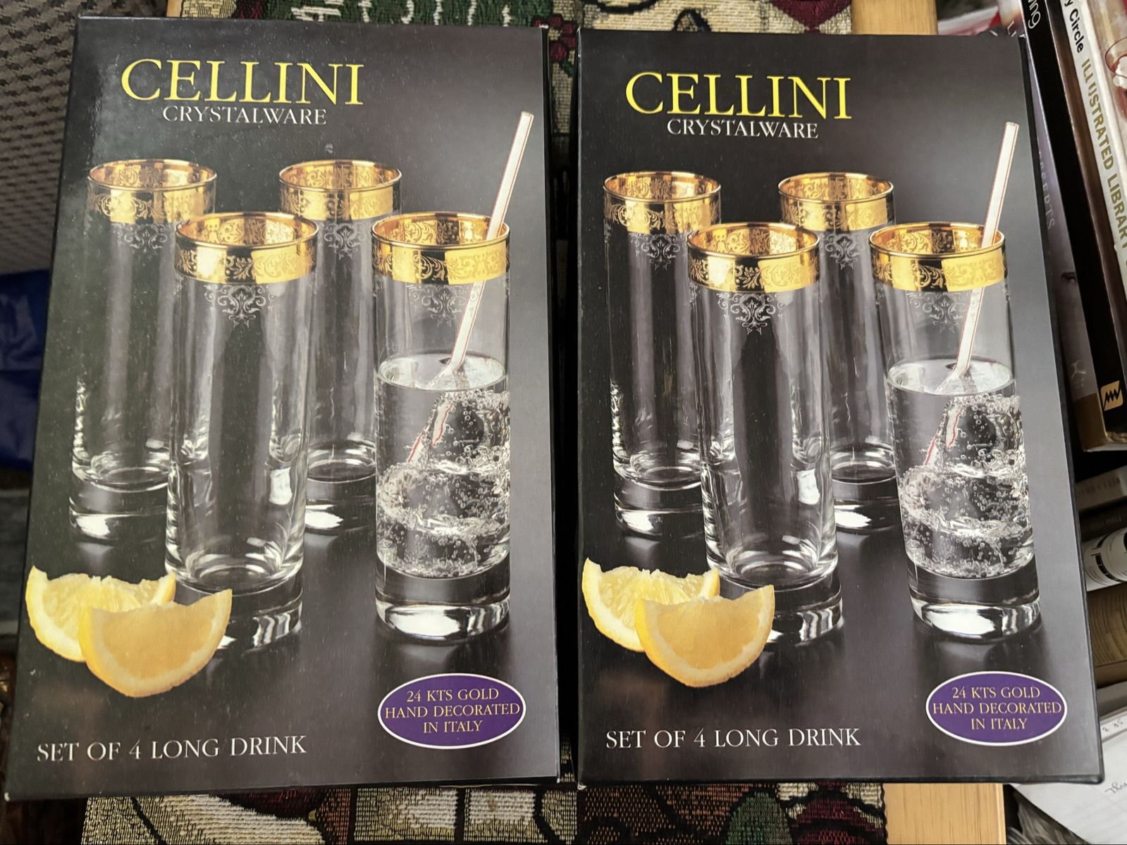 Cellini Crystalware 24 KTS Gold Hand Decorated Italian Long Drink Glasses - Set of 8