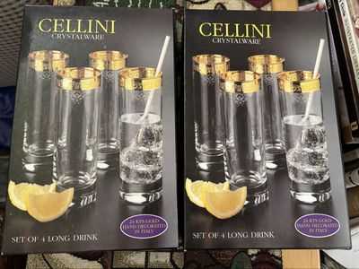 Cellini Crystalware 24 KTS Gold Hand Decorated Italian Long Drink Glasses - Set of 8