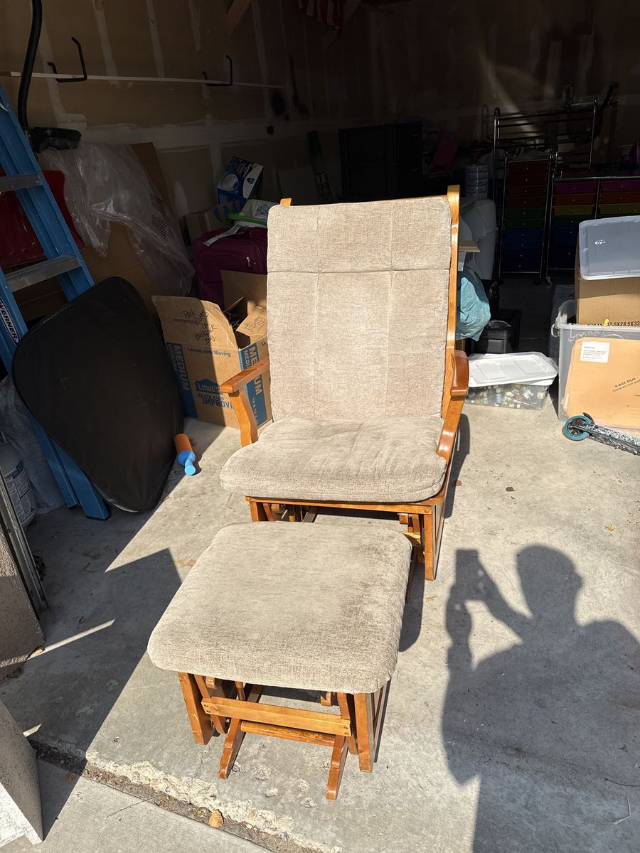 Wooden Glider Rocker with Matching Ottoman - Beige Upholstery, Smooth Gliding Motion