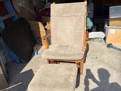Wooden Glider Rocker with Matching Ottoman - Beige Upholstery, Smooth Gliding Motion