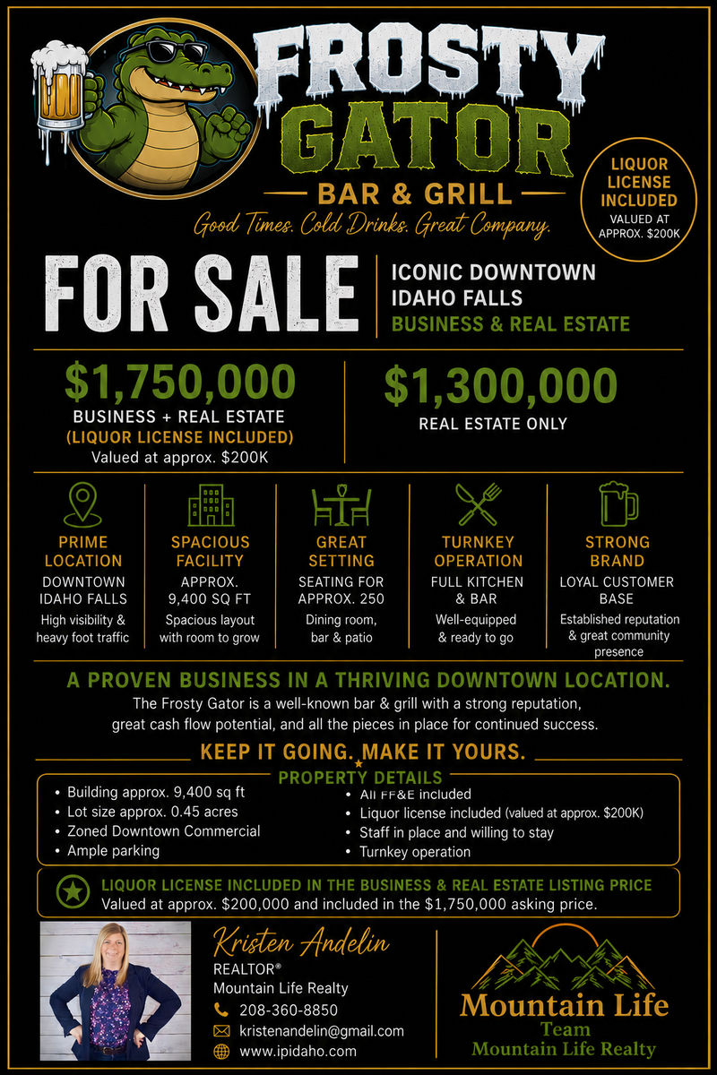 Downtown Idaho Falls restaurant/bar for sale! 