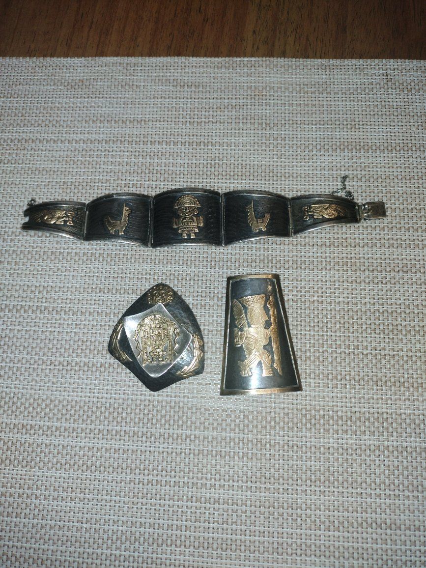 Vintage Aztec/Mayan Gold Wash Sterling Silver Bracelet, Brooch, Pendant Set