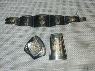 Vintage Aztec/Mayan Gold Wash Sterling Silver Bracelet, Brooch, Pendant Set
