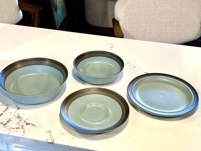 Vintage Arrowstone Navajo Blue stoneware plates bowl mid century
