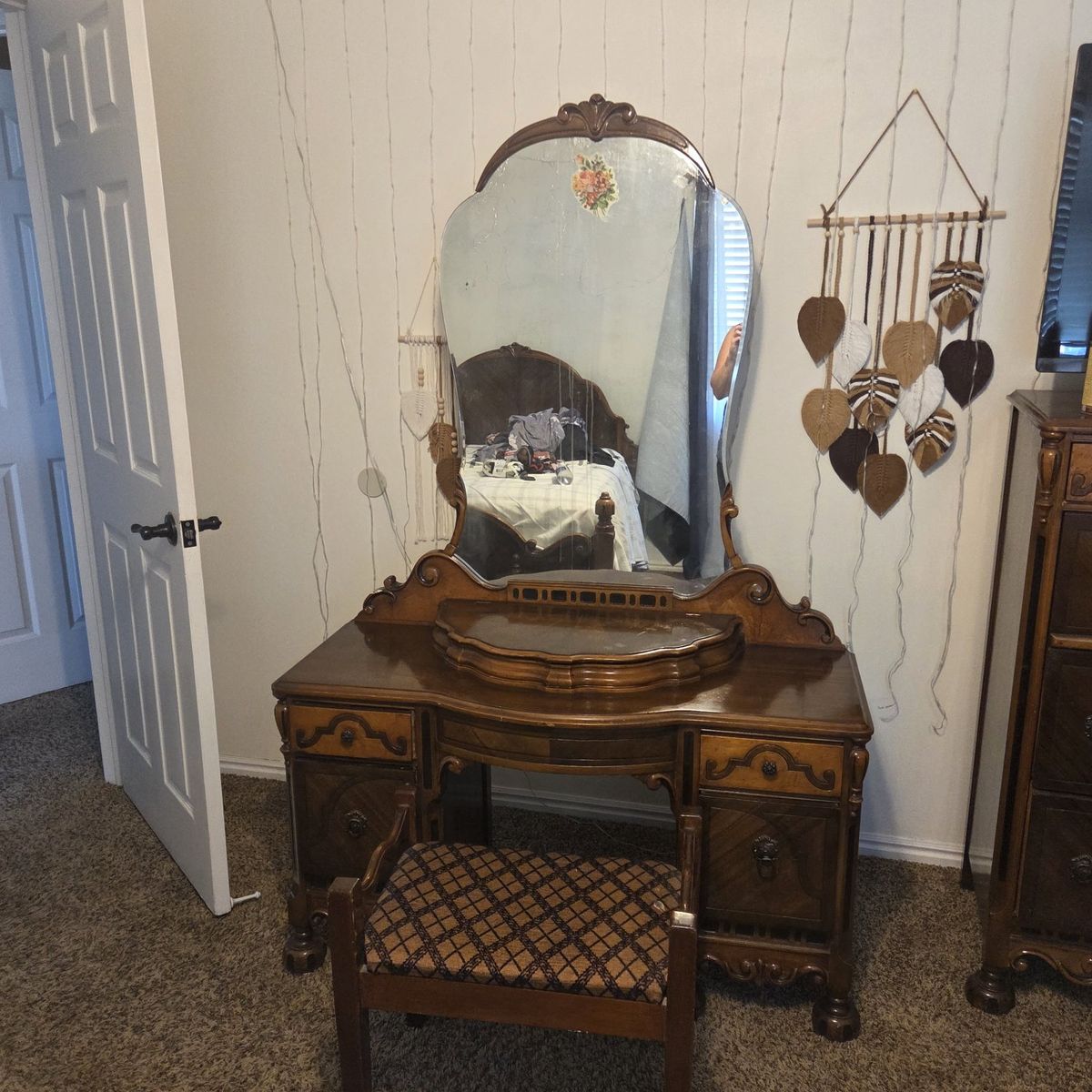 Vintage Antique Wood Bedroom Set - Bed Frame, Dresser, Vanity Stool