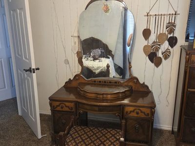 Vintage Antique Wood Bedroom Set - Bed Frame, Dresser, Vanity Stool