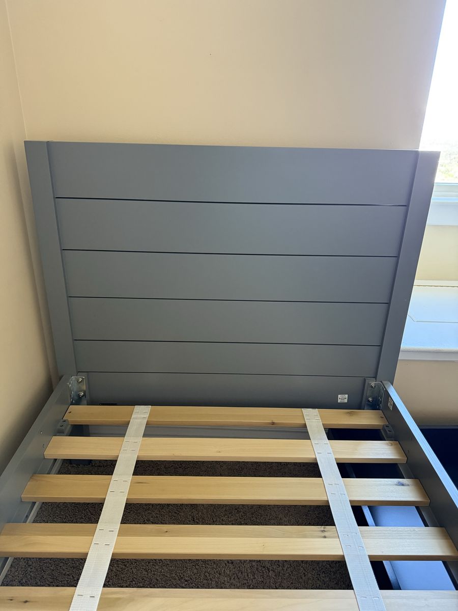 Crate and barrel gray twin bed and navy trundle