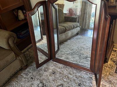 Vintage Wooden Vanity Tri-Fold Mirror with Ornate Carved Top