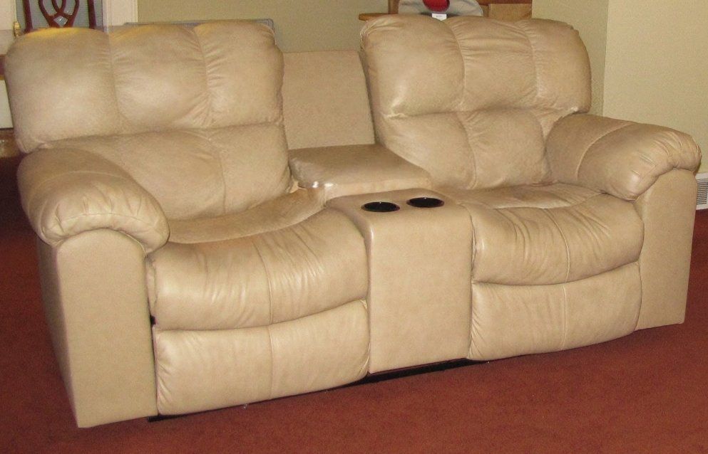 Beige Reclining Leather Loveseat with Console and Cup Holders