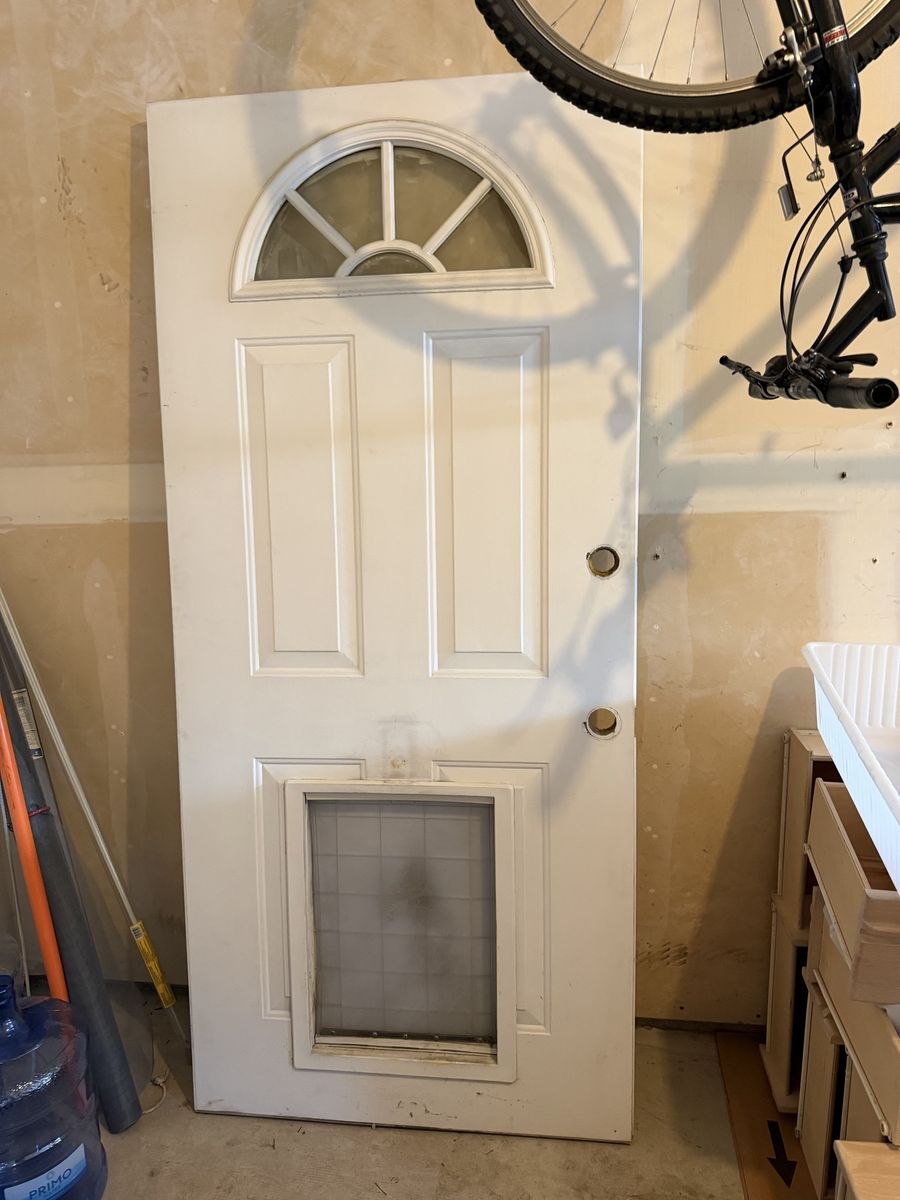 White Arched Window Door with Pet Door - Standard Size Entry Door