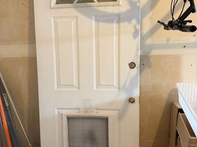 White Arched Window Door with Pet Door - Standard Size Entry Door
