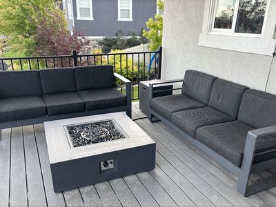 Modern Outdoor Patio Set with Two Sofas and Concrete Fire Pit Table