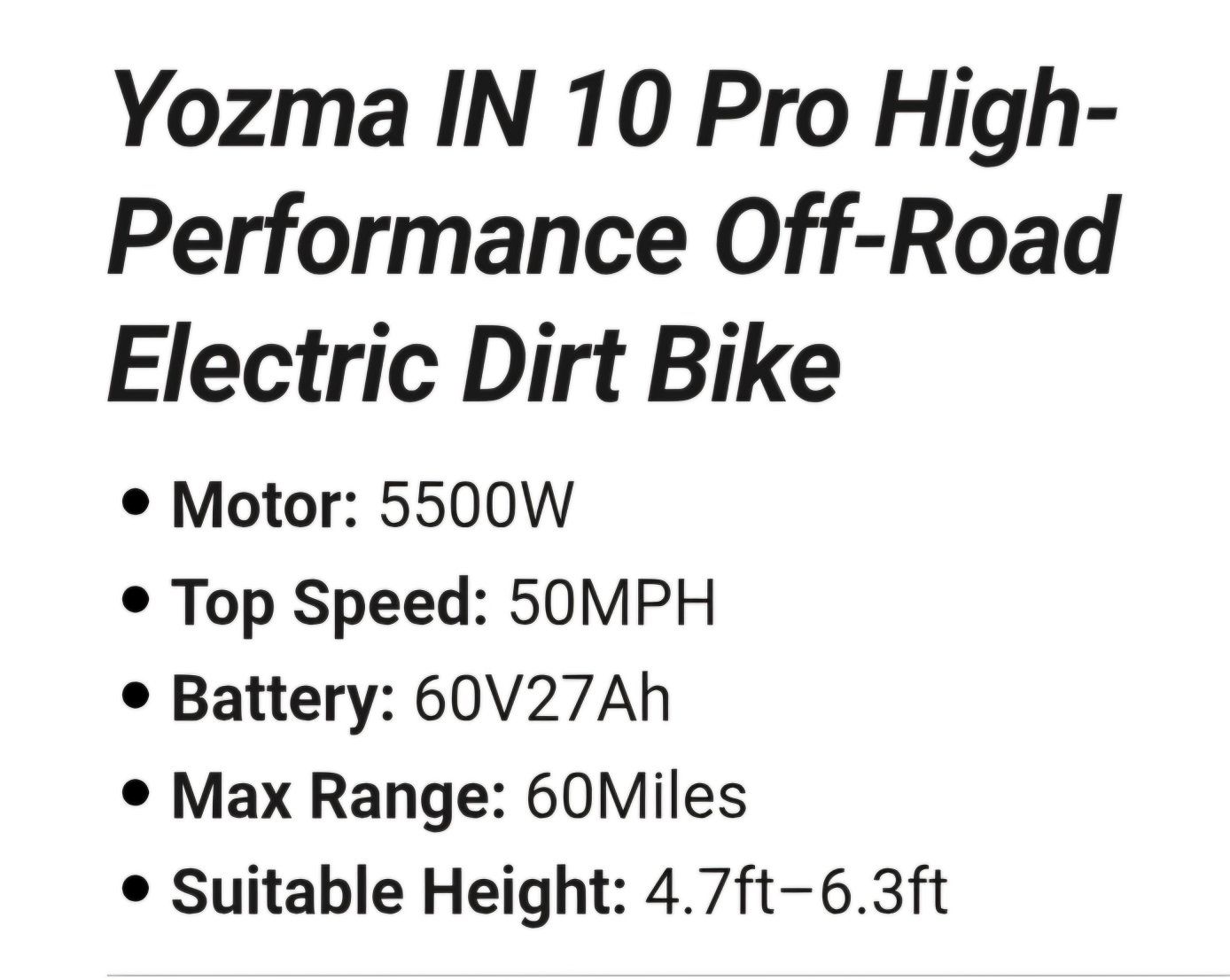 Yozma IN 10 Pro High-Performance Off-Road Electric Dirt Bike
