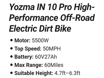 Yozma IN 10 Pro High-Performance Off-Road Electric Dirt Bike