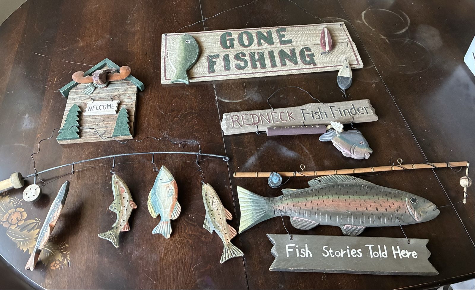Rustic Wooden Fishing Wall Decor Signs Set - Gone Fishing, Welcome, Fish Stories