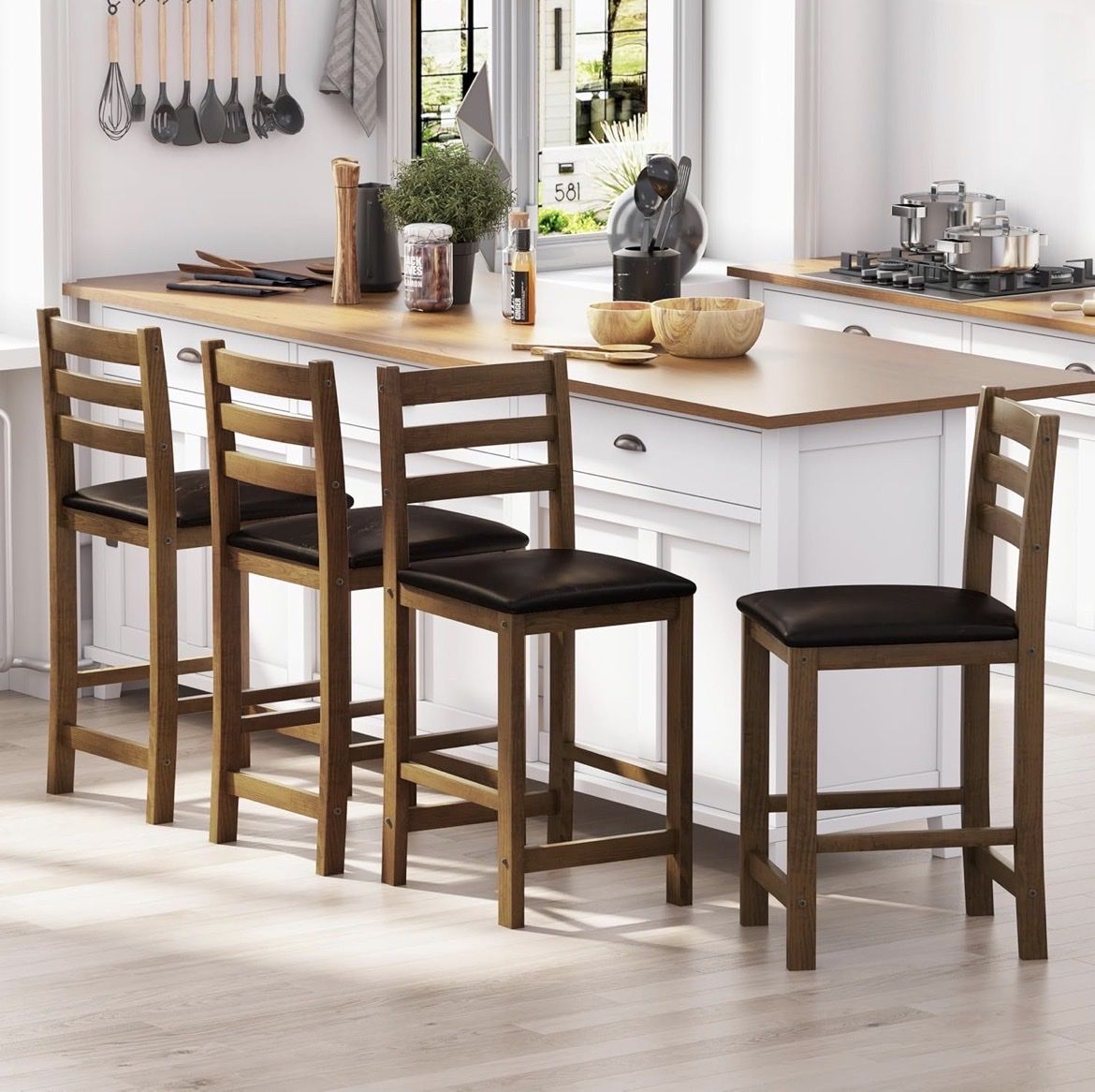 Set of 4 Wood Counter Height Stools with Black Faux Leather Seats